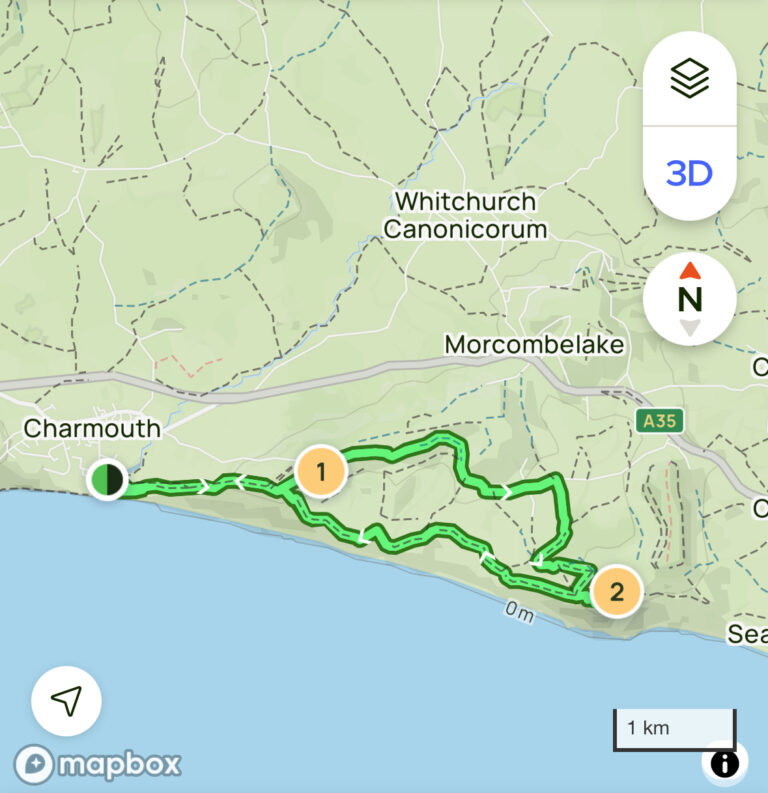 Charmouth Beach to Golden Cap walking trail route